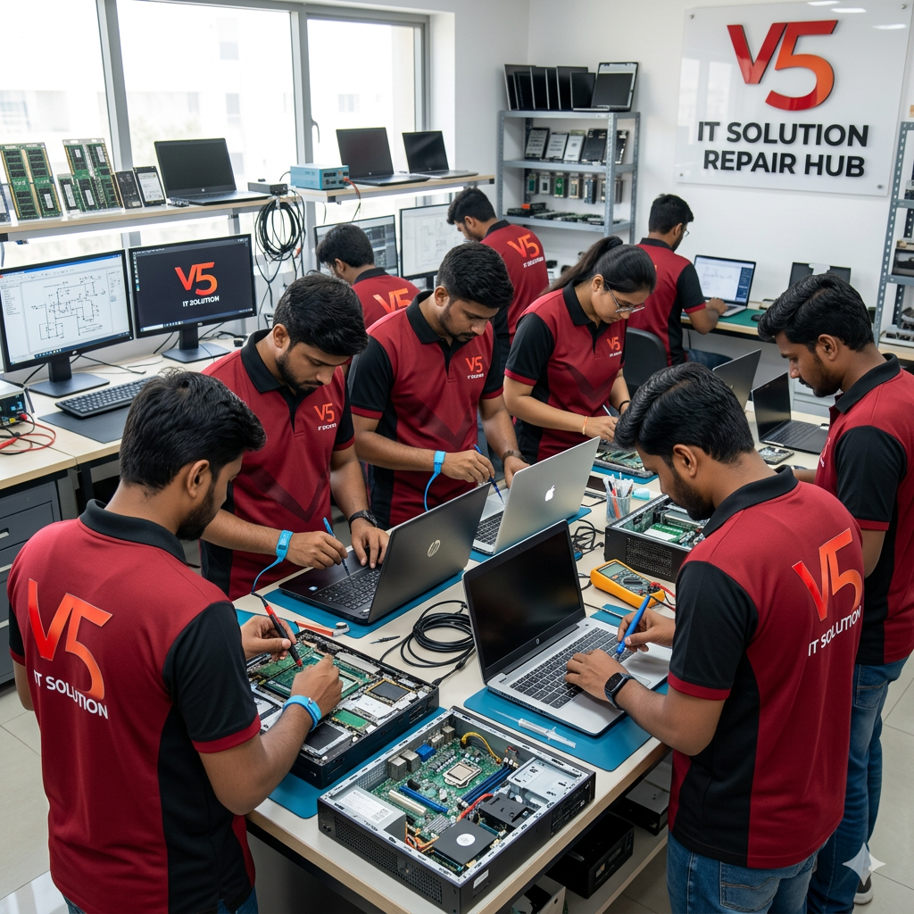 Group working on electronics repair projects.